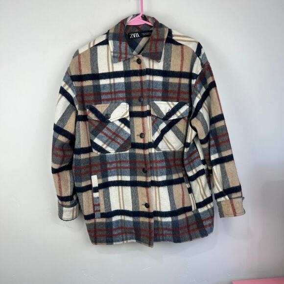 Zara Plaid Long sleeve shacket wool blend button up womens size xs - Picture 2 of 8